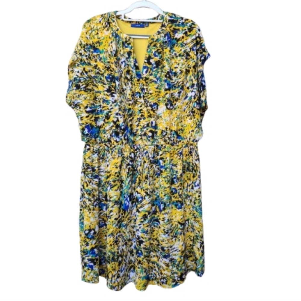 Apt. 9 Plus Yellow Multicolor Abstract Print Dress V-Neck Bright Colorful